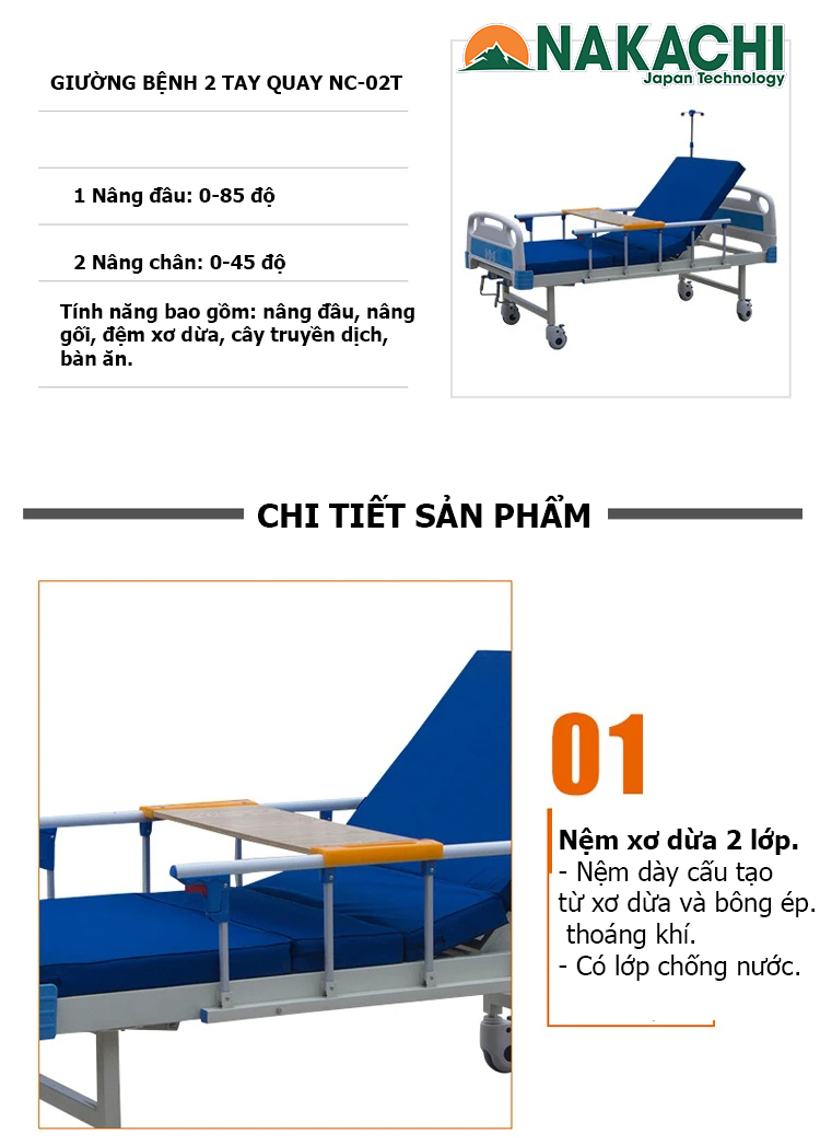 nội dung giường bệnh nhân 2 tay quay nc-02t